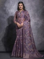 Slate Purple Pattern Linen SIlk Digital Print Saree